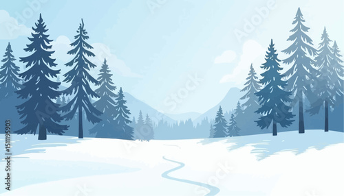 Winter landscape with pine trees and snow covered ground