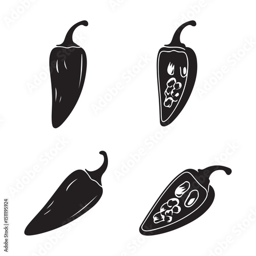 Black and white vector illustration of jalapeño peppers whole and cut silhouette