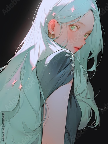 Young woman with mint green hair adorned with sparkling stars.