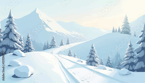 Snowy Mountain Landscape with Trees and Trail