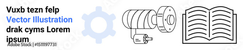 Gear illustration, motor mechanism, and open book emphasizing engineering, machinery, education, innovation, research, technology and mechanics. Ideal for technical manuals tutorials simple