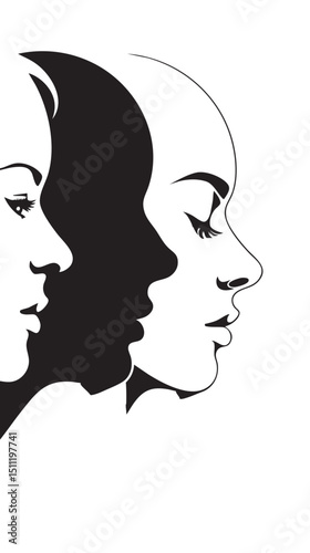 Male and female face silhouette or icon, black color isolated on white background