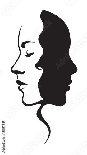 Male and female face silhouette or icon, black color isolated on white background