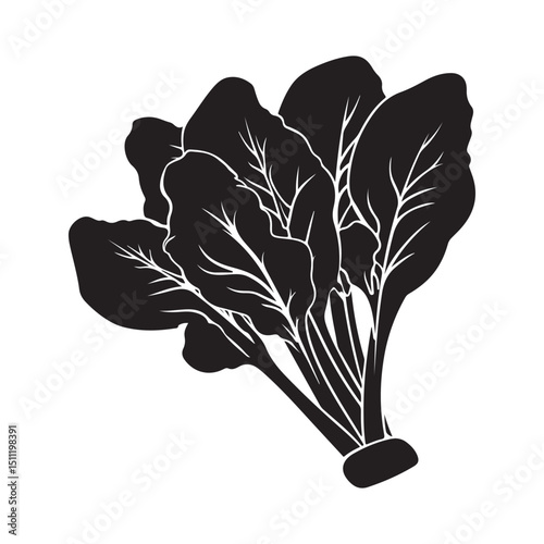 Black and white vector graphic of fresh spinach for healthy eating silhouette