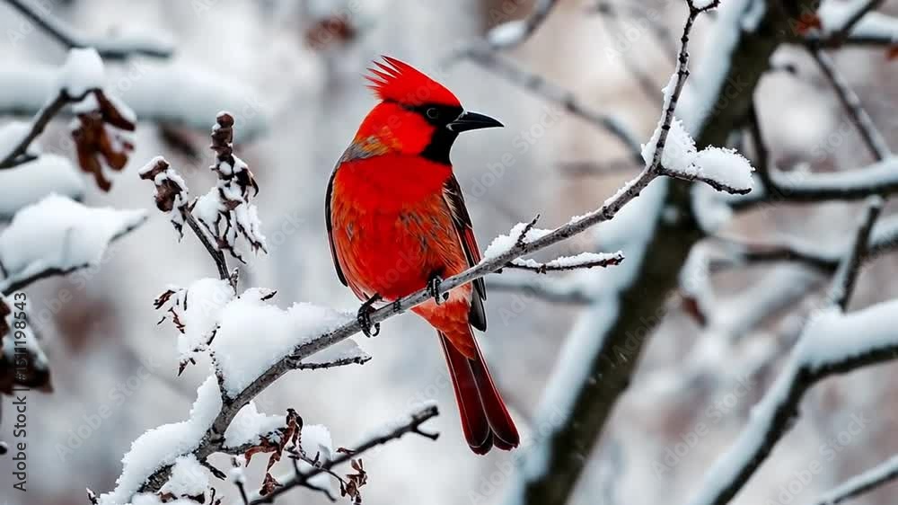 A vibrant red northern cardinal perches on a snowy branch, a striking symbol of winter wildlife in nature A vibrant red northern cardinal perches on a snowy branch, a striking symbol of winter wildlife in nature