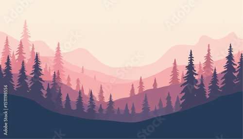 Forest Landscape with Pink Mountains