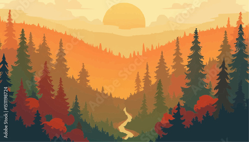 Forest landscape with sun and river
