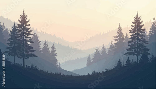Forest Landscape with Misty Mountains and Evergreen Trees
