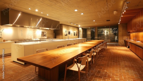 Spacious, modern culinary venue. Long communal table in a light-filled, open-plan kitchen/dining area
