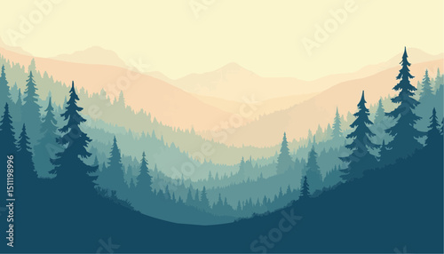 Mountain landscape with pine tree forest in blue tones