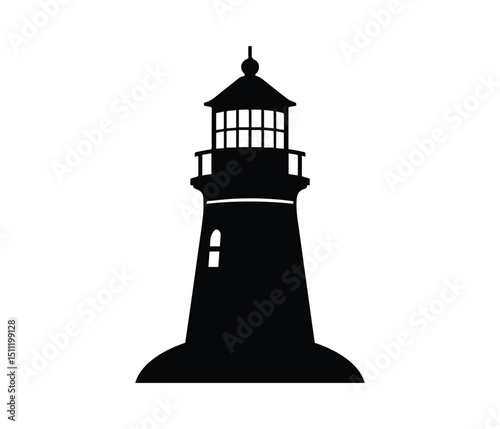 Black and white illustration of a lighthouse with beams of light extending outwards, Lighthouse vector icon, tower icon vector design, lighthouse tower silhouette.