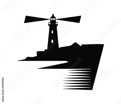Black and white illustration of a lighthouse with beams of light extending outwards, Lighthouse vector icon, tower icon vector design, lighthouse tower silhouette.