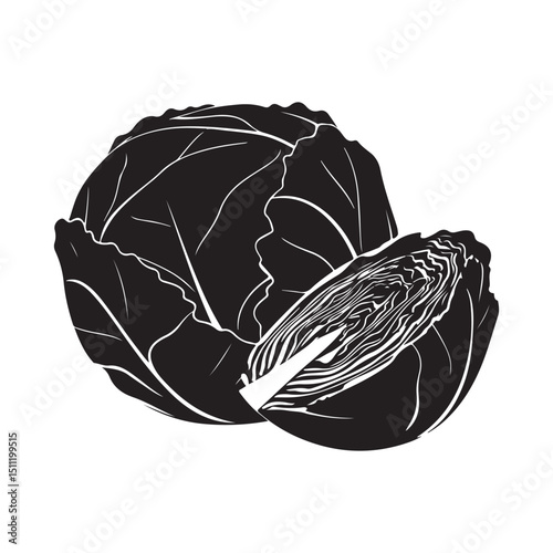 Black and white vector illustration of a cut cabbage head design art silhouette