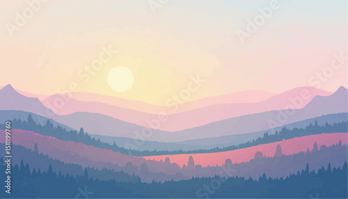 Mountain landscape with sunrise illustration