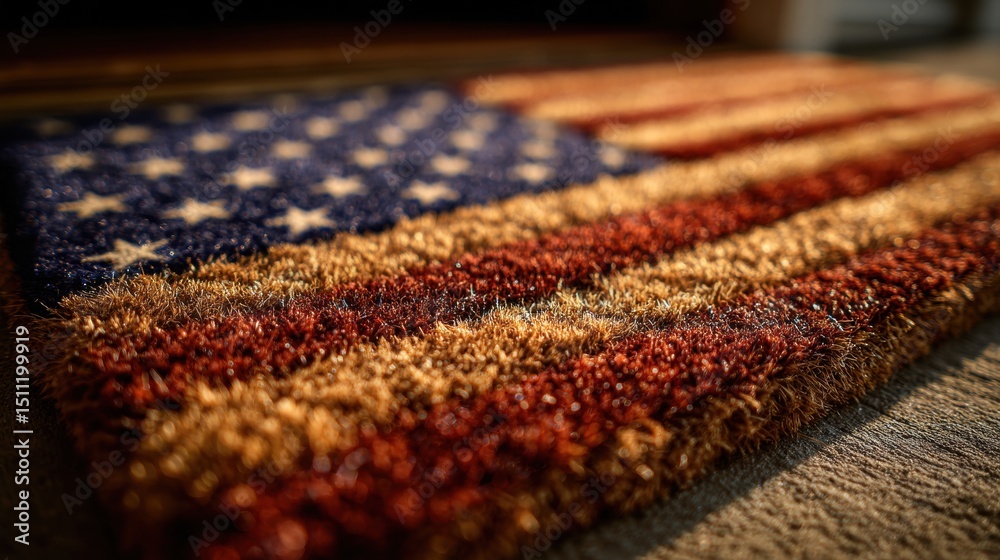 Fototapeta premium Close-up of a textured American flag doormat representing patriotism 4th of july, independence day