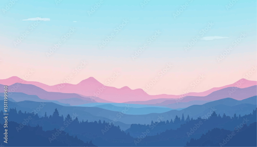 Fototapeta premium Mountain Landscape Illustration with Pink Sky