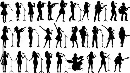 Silhouettes of musicians performing with instruments and microphones on stage in a concert setting scene |eps vectors