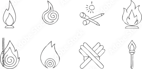 Collection of hand drawn fire and flame elements including bonfire matches and torch in black and white style |eps vectors