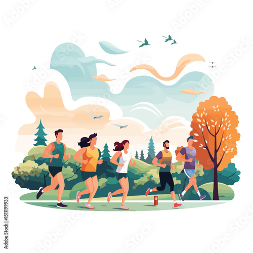 Diverse Group of People Exercising Outdoors Vector Illustration in Isolated Background