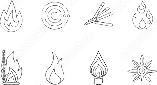 Collection of eight hand drawn illustrations featuring fire, matches, and a circular target design |eps vectors