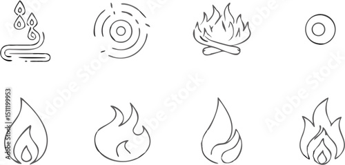 Illustration showing different types of flames and fire designs in a simple line drawing style |eps vectors