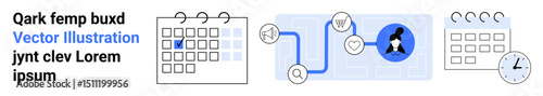 Connected calendars, user profile, clock, and icons for collaboration, productivity, and scheduling. Ideal for workflow, planning, deadlines teamwork organization productivity simple landing page