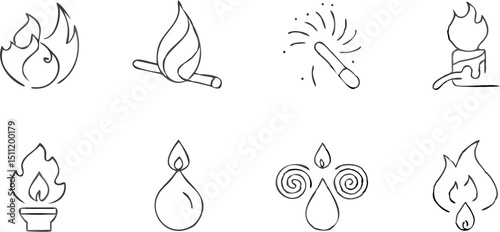 Collection of eight hand drawn fire and flame illustrations including candle match and torch designs |eps vectors