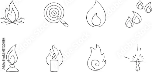 Collection of simple line drawings depicting various forms of fire flames and sources of ignition light |eps vectors
