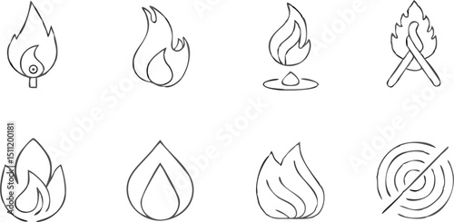 Illustration showing eight different flame or fire designs in a line art style on a white background |eps vectors