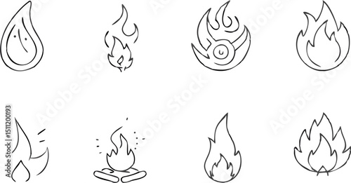 Illustration showing eight different hand drawn fire flames in various styles and shapes on white background |eps vectors