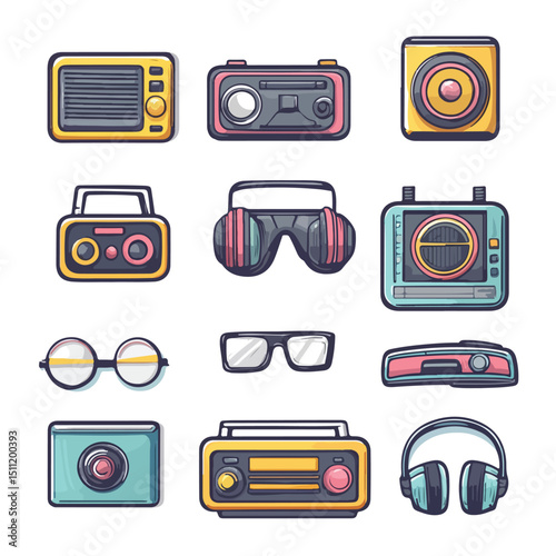 Retro Radio and 90s Patches Icons Vector Illustration - Vintage Design Elements