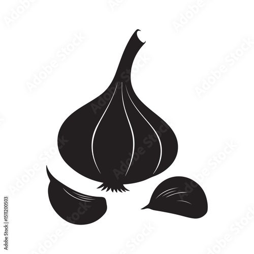 Black garlic bulb and cloves vector illustration cooking ingredient silhouette
