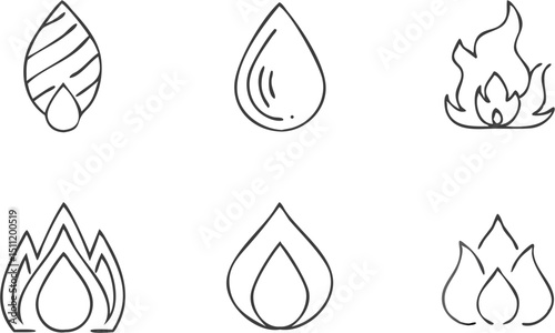 Illustration of six water drops and fire flames in black outline on a white background in a simple style |eps vectors