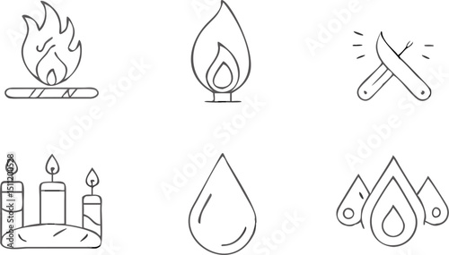 Illustration featuring fire on wood, gas flame, crossed knives, candles, water drop, and multiple flames |eps vectors