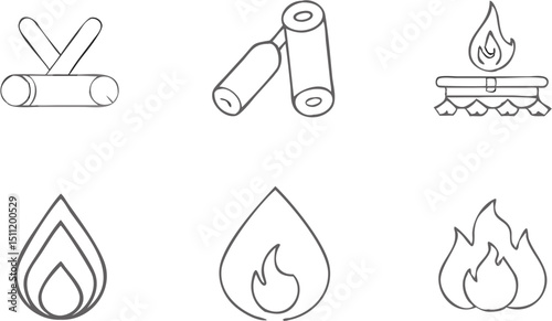 Collection of sketched elements featuring logs, fire starters, and various flame illustrations |eps vectors