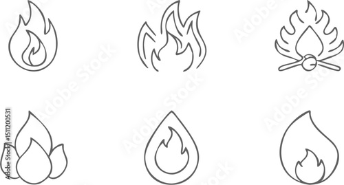 Illustration of six different flame icons with varying shapes and styles on a white background design art |eps vectors