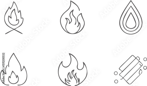 Illustration of six different hand drawn fire and flame designs in a simple line art style design 100 |eps vectors