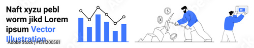 Bar chart with line graph, person mining coins, and presenting data on a screen. Ideal for data analysis, cryptocurrency, finance, teamwork, presentation, strategy and simple landing page