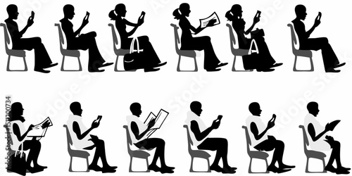 Silhouettes of people sitting on chairs reading books and using phones in a waiting room setting scene |eps vectors