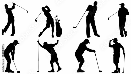 Silhouettes of golfers in various poses on a white background showcasing different golf swings and stances |eps vectors