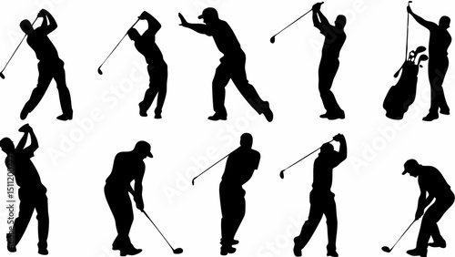 Silhouette illustrations of golfers in various swinging positions and golf bag on white background |eps vectors