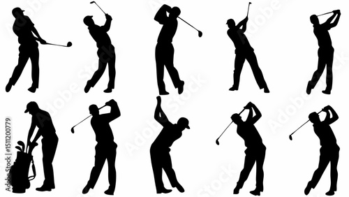 Silhouette illustration showing multiple golfers in various stages of their golf swing action poses on white |eps vectors