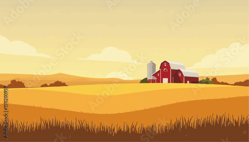 Farm barn landscape illustration countryside field