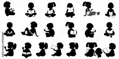 Silhouettes of children in various poses reading books in a group setting, all in black and white drawing |eps vectors