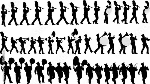 Silhouette illustration of a marching band performing with various instruments in a parade formation |eps vectors