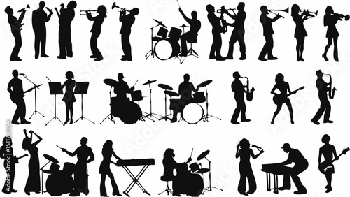 Silhouette illustration of various musicians playing different instruments in a band setting on stage |eps vectors