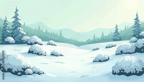 Winter Landscape with Snow Covered Trees and Hills