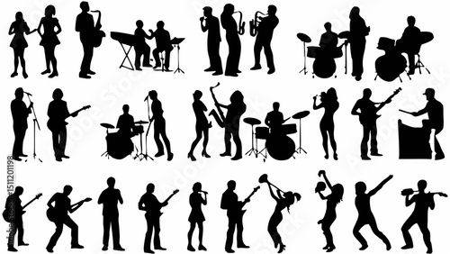 Silhouette band playing instruments including guitar saxophone drums keyboard and singing on stage scene |eps vectors