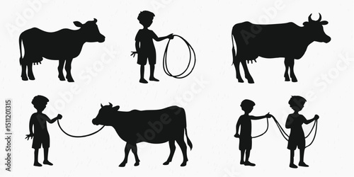 Silhouettes of boys and cows interacting with ropes in a farm setting on a white background image |eps vectors
