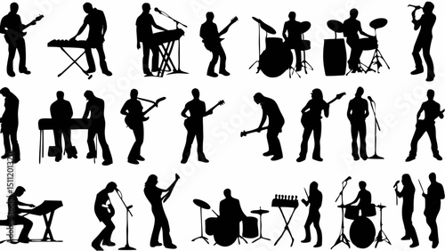 Silhouette illustration showcasing a variety of musicians playing different instruments on a stage area |eps vectors